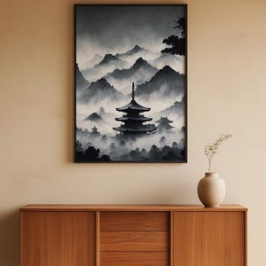 Misty Pagoda Temple | Japanese Ink Landscape | Zen Meditation Art image 5