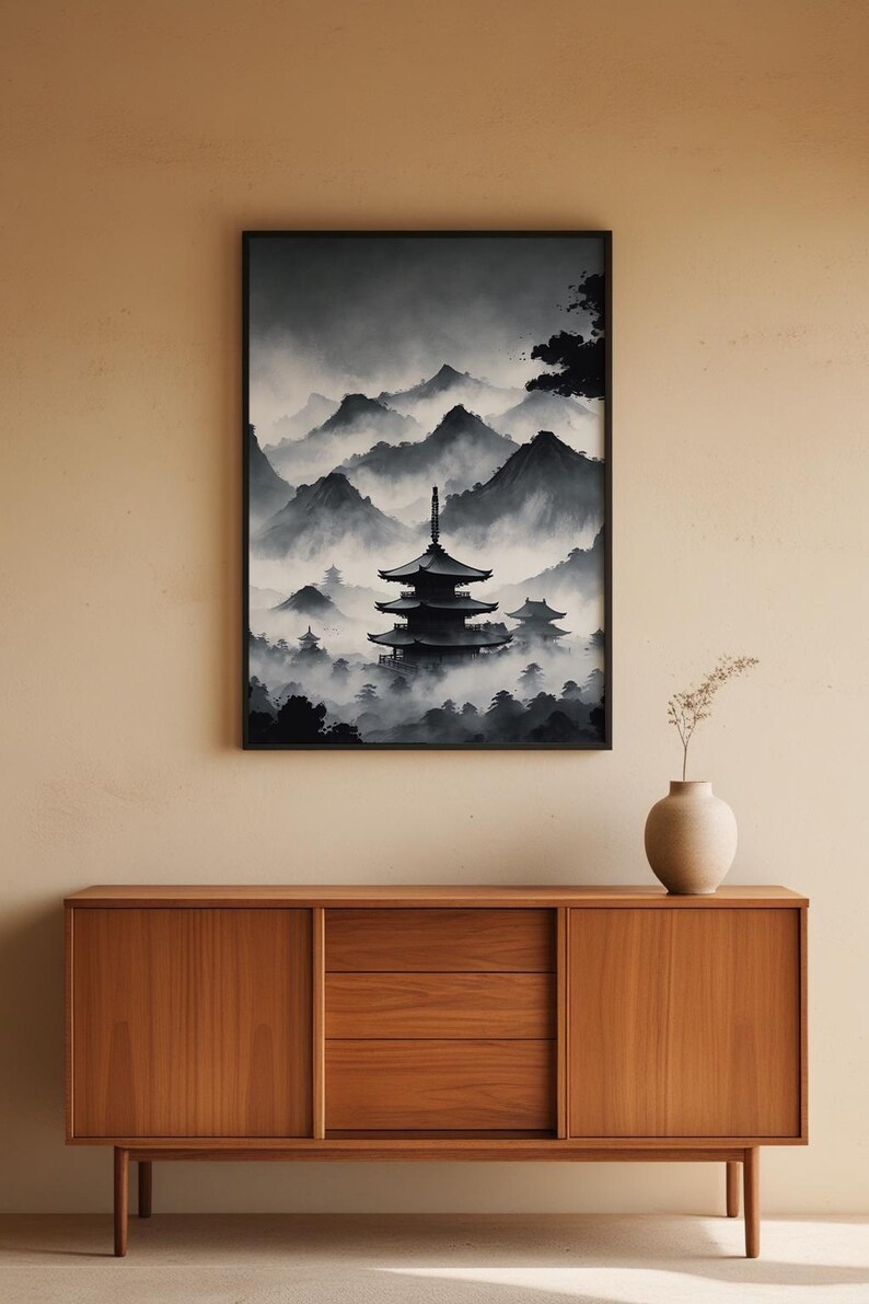 Misty Pagoda Temple | Japanese Ink Landscape | Zen Meditation Art image 5