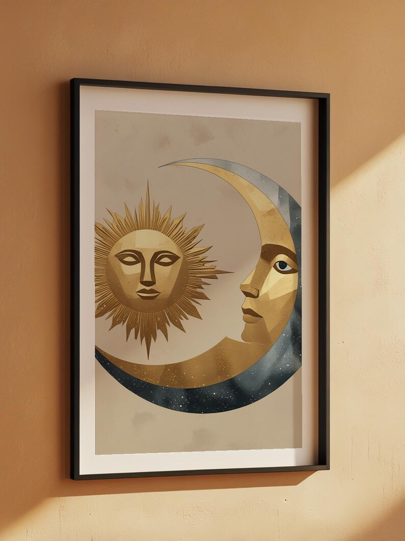 Celestial Wall Art | Modern Minimalist Poster | Abstract Sun Moon Gold Silver imagem 7