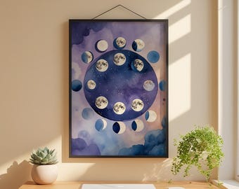 Póster de fases lunares / ciclo lunar / Arte nocturno místico
