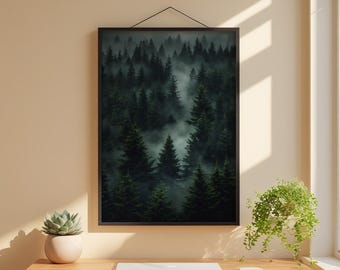 Siluetas de bosque oscuro / Póster de naturaleza melancólica / Arte salvaje