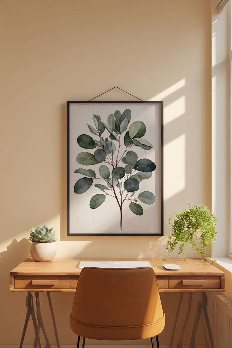 Arte de rama de eucalipto / Impresión botánica en acuarela / Decoración minimalista imagen 1