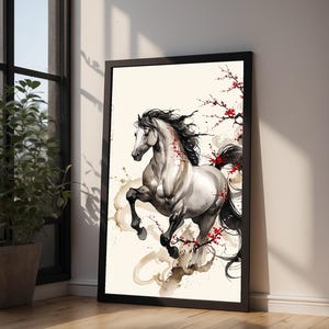 Horse Cherry Blossom | Asian Ink Art Print | Japanese Watercolor Poster 画像 9