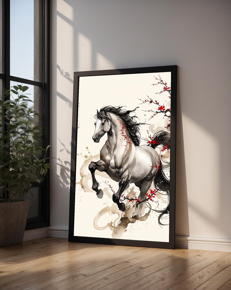 Horse Cherry Blossom | Asian Ink Art Print | Japanese Watercolor Poster 画像 9
