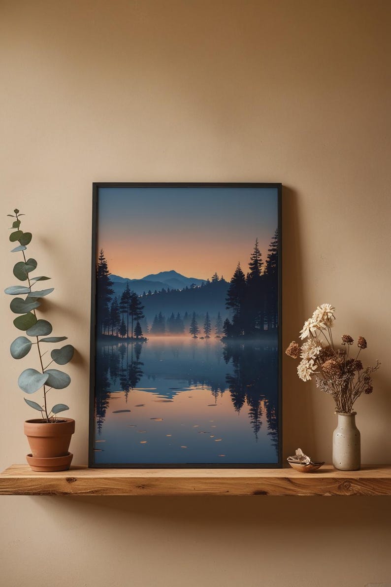 Twilight Lake Reflection | Peaceful Nature Poster | Golden Hour Landscape image 2