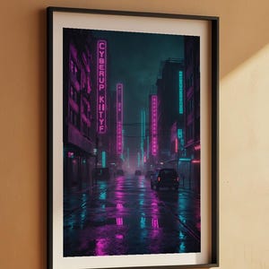 Cyberpunk Neon City | Rainy Street Poster afbeelding 7