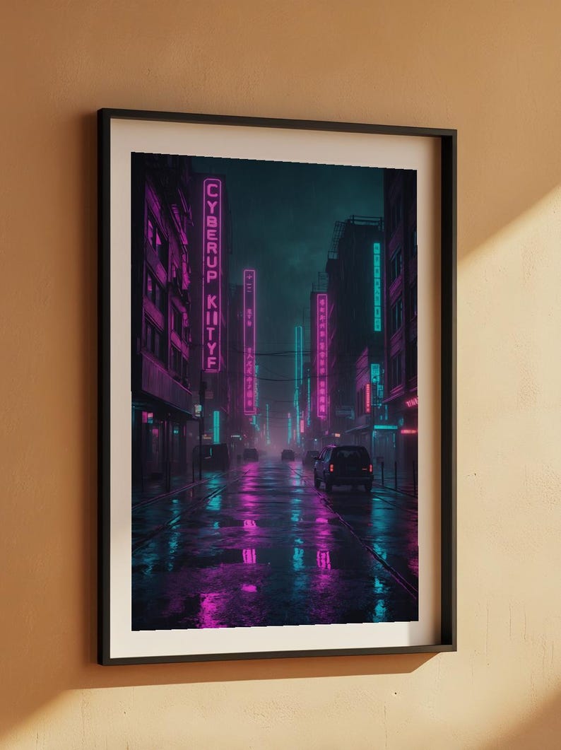Cyberpunk Neon City | Rainy Street Poster afbeelding 7