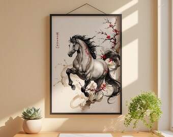Horse Cherry Blossom | Asian Ink Art Print | Japanese Watercolor Poster