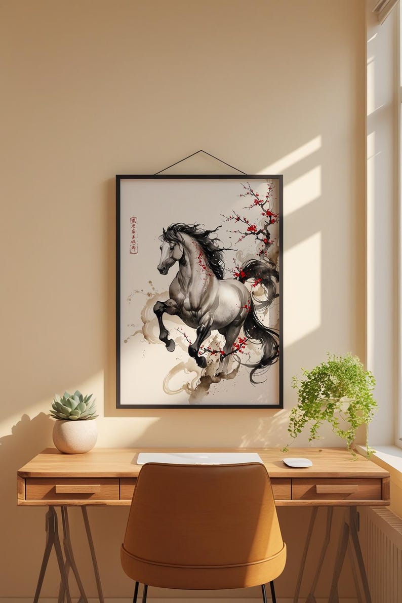 Horse Cherry Blossom | Asian Ink Art Print | Japanese Watercolor Poster 画像 1