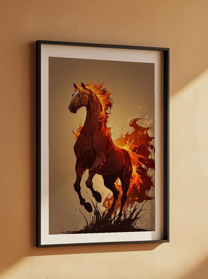 Arte de caballo de fuego / Póster de semental llameante / Decoración de pared de fantasía moderna imagen 7