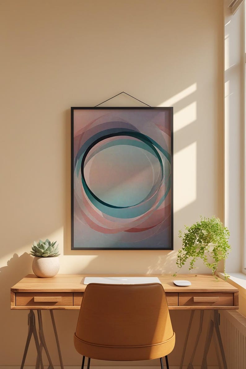 Arte circular abstracto / Impresión geométrica moderna / Póster verde azulado imagen 1