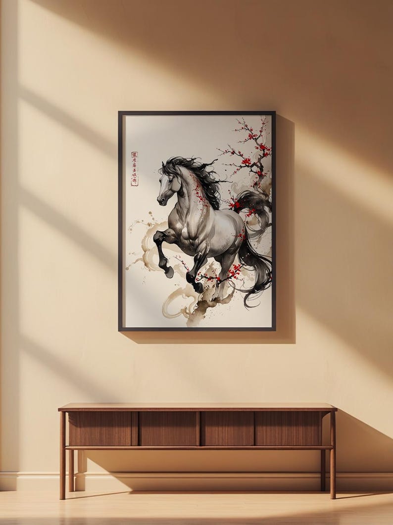 Horse Cherry Blossom | Asian Ink Art Print | Japanese Watercolor Poster 画像 2