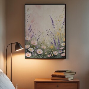 Prado de flores silvestres en tonos pastel / Póster botánico romántico / Arte de acuarela suave imagen 5
