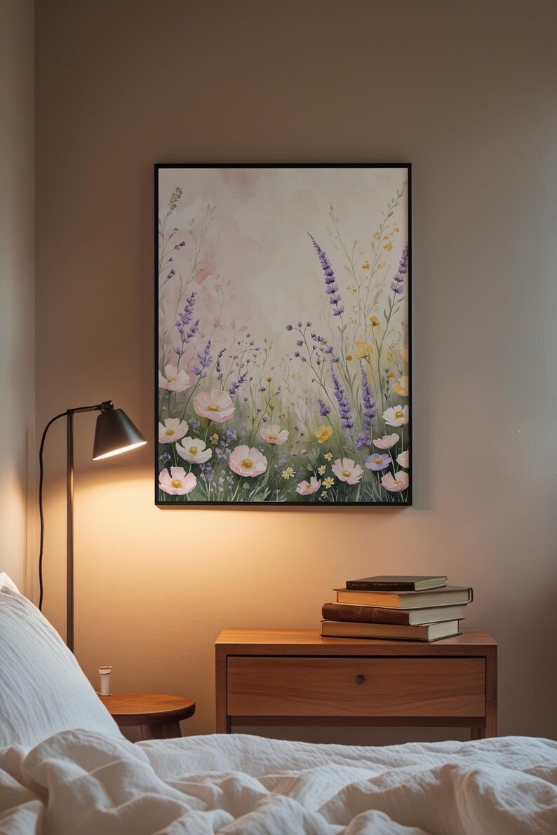 Prado de flores silvestres en tonos pastel / Póster botánico romántico / Arte de acuarela suave imagen 5
