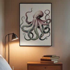 Póster de pulpo en acuarela, arte marino suave y criatura marina caprichosa imagen 3