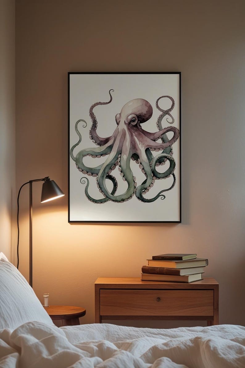 Póster de pulpo en acuarela, arte marino suave y criatura marina caprichosa imagen 3