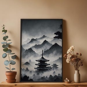 Misty Pagoda Temple | Japanese Ink Landscape | Zen Meditation Art image 4