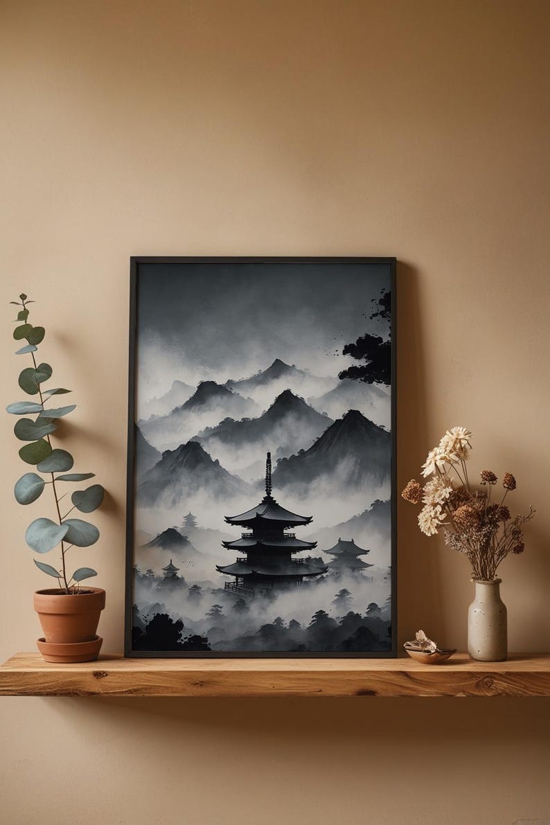 Misty Pagoda Temple | Japanese Ink Landscape | Zen Meditation Art image 4