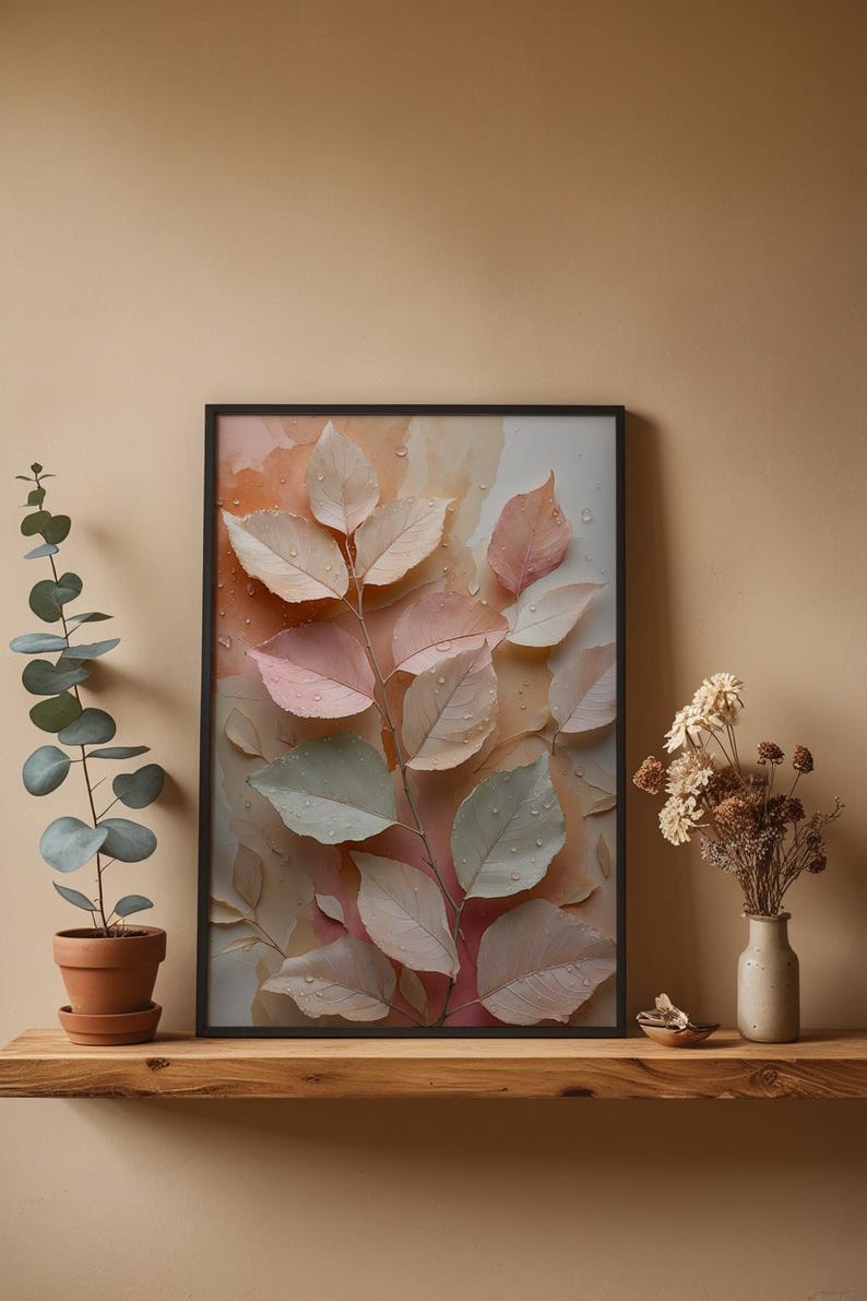 Hojas botánicas color melocotón / Póster romántico de naturaleza / Arte rural imagen 1