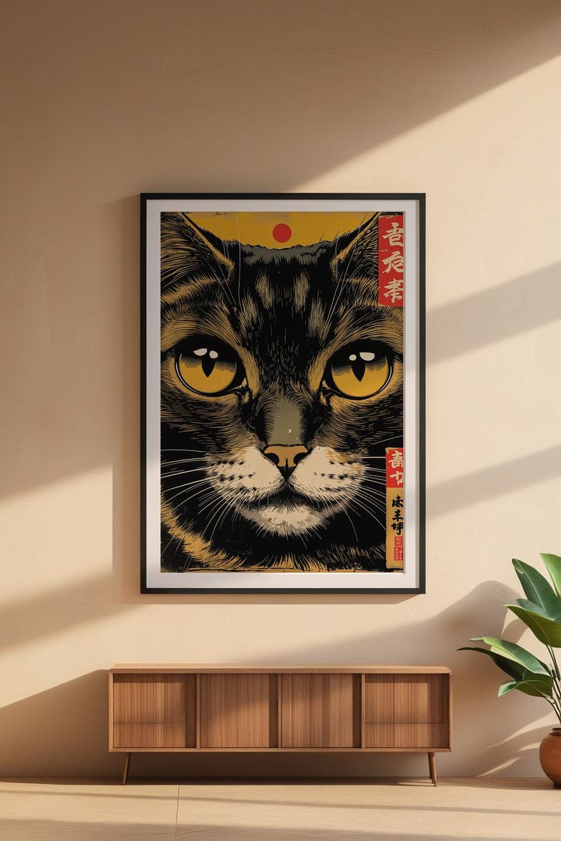 Japanese Cat Poster | Gold Eyes Woodblock Art image 8