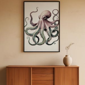 Póster de pulpo en acuarela, arte marino suave y criatura marina caprichosa imagen 5