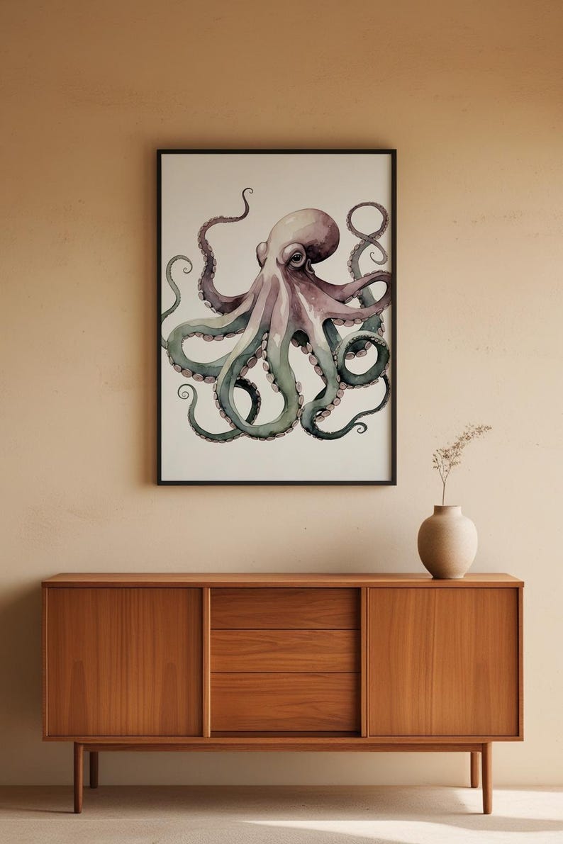 Póster de pulpo en acuarela, arte marino suave y criatura marina caprichosa imagen 5