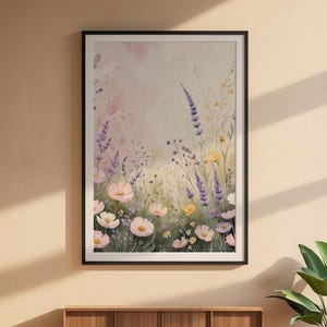 Prado de flores silvestres en tonos pastel / Póster botánico romántico / Arte de acuarela suave imagen 9