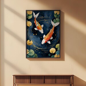 Koi Fish Zen Art | Japanese Garden Poster | Indigo Gold Wall Decor image 2