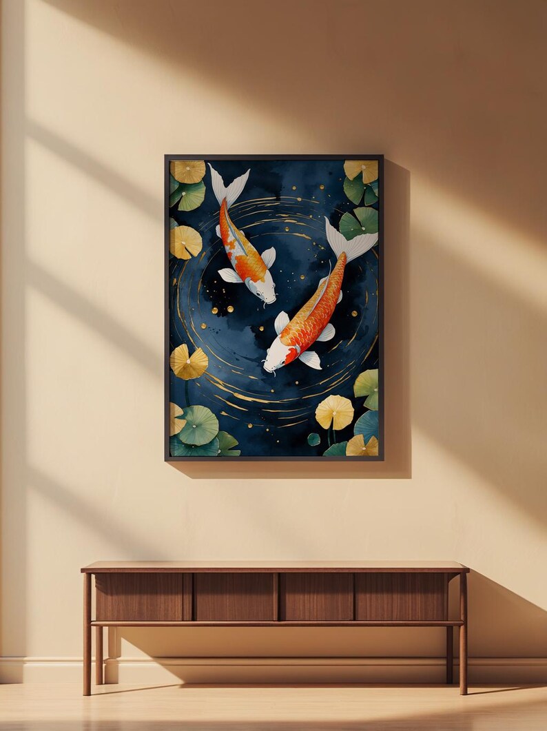Koi Fish Zen Art | Japanese Garden Poster | Indigo Gold Wall Decor image 2