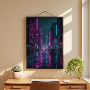 Cyberpunk Neon City | Rainy Street Poster afbeelding 1