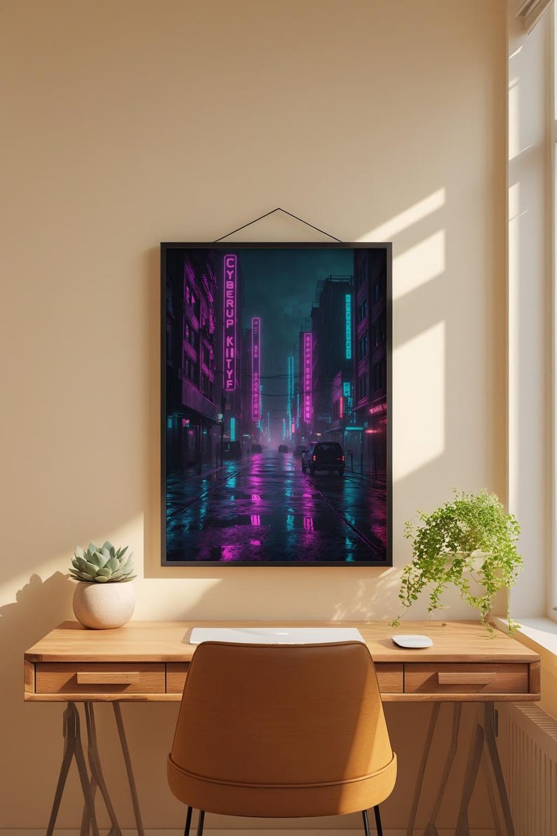 Cyberpunk Neon City | Rainy Street Poster afbeelding 1