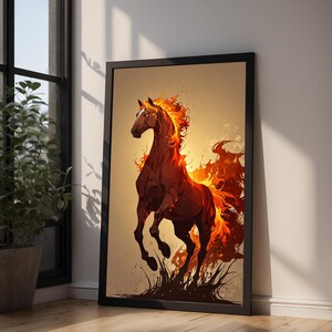 Arte de caballo de fuego / Póster de semental llameante / Decoración de pared de fantasía moderna imagen 9