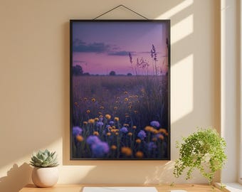 Twilight Wildflower Field | Evening Landscape Poster | Dreamy Art