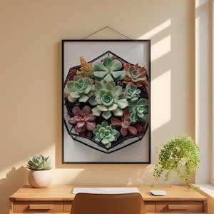 Succulent wall art poster featuring vibrant green and burgundy succulents arranged in a geometric hexagon frame with clean botanical illustration style