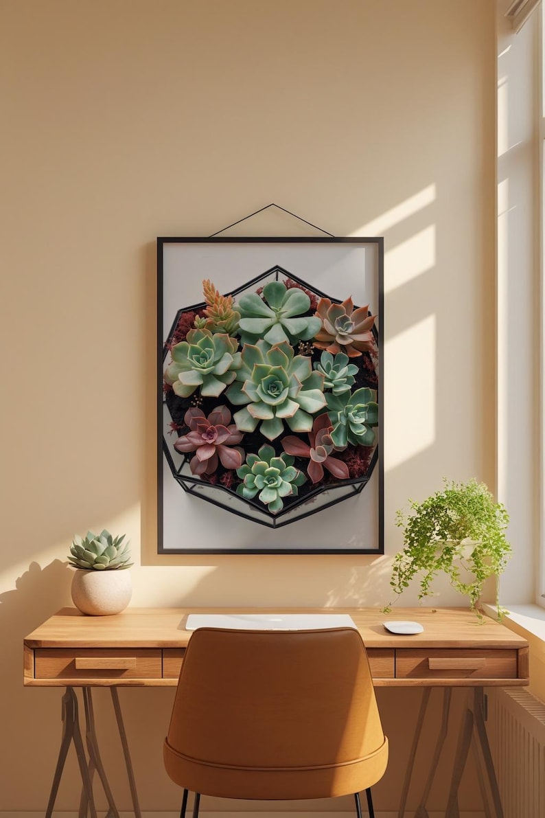 Succulent wall art poster featuring vibrant green and burgundy succulents arranged in a geometric hexagon frame with clean botanical illustration style