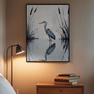 Minimalist Heron | Reflected Water Bird | Zen Nature Art Bild 3