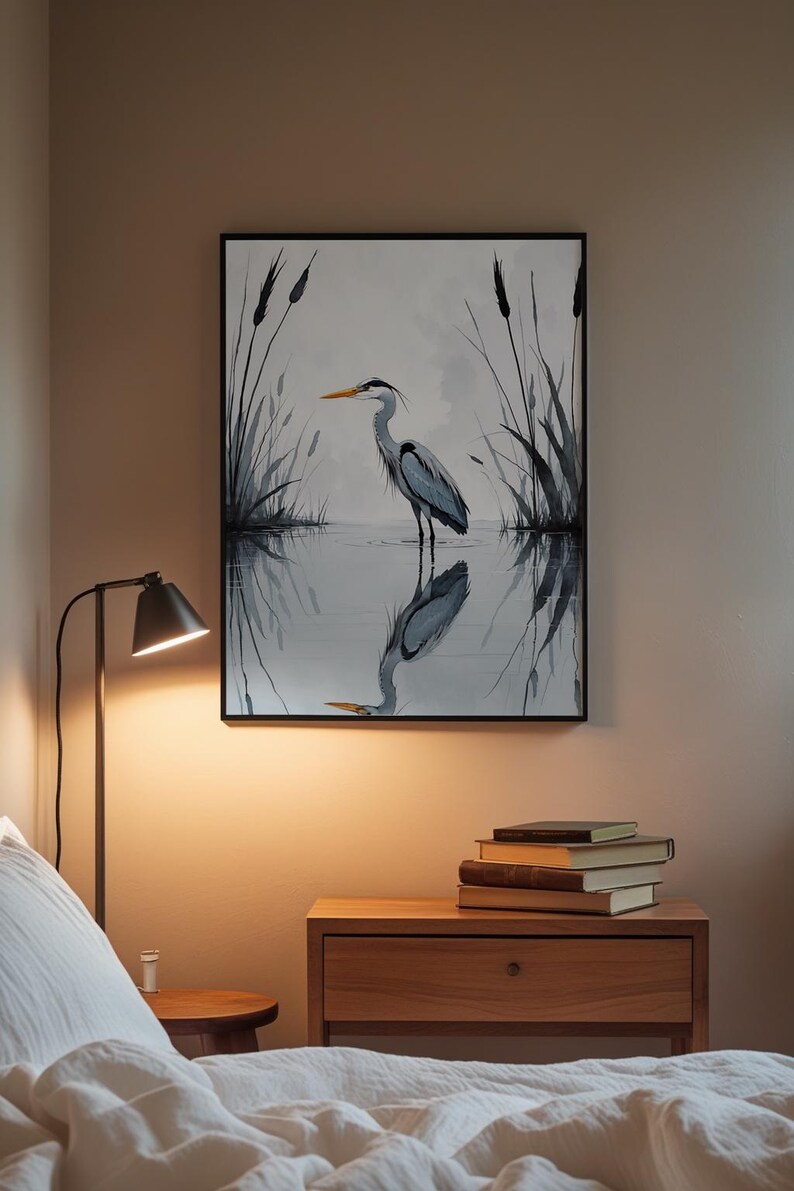 Minimalist Heron | Reflected Water Bird | Zen Nature Art Bild 3