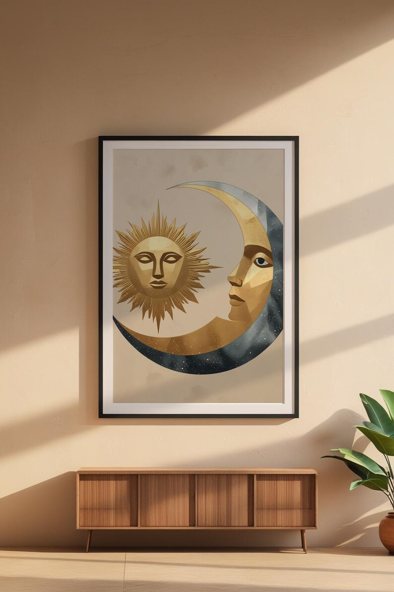 Celestial Wall Art | Modern Minimalist Poster | Abstract Sun Moon Gold Silver imagem 6