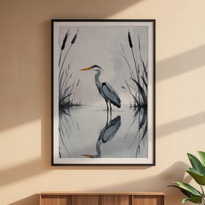 Minimalist Heron | Reflected Water Bird | Zen Nature Art Bild 6
