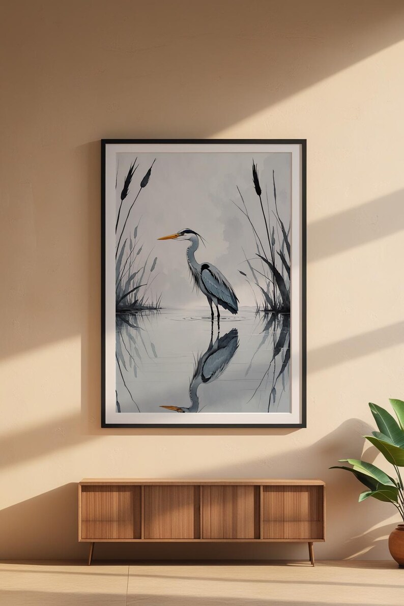 Minimalist Heron | Reflected Water Bird | Zen Nature Art Bild 6
