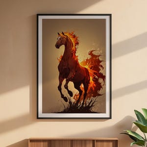 Arte de caballo de fuego / Póster de semental llameante / Decoración de pared de fantasía moderna imagen 6