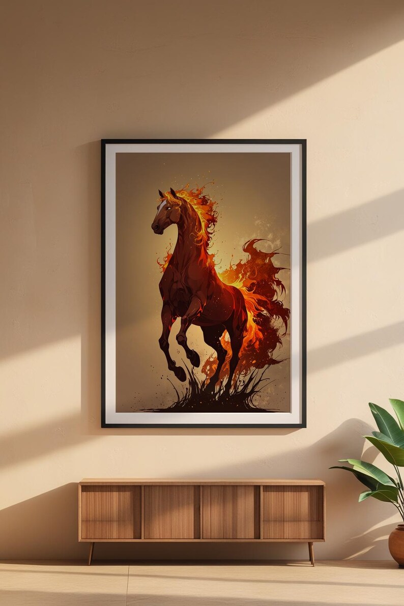 Arte de caballo de fuego / Póster de semental llameante / Decoración de pared de fantasía moderna imagen 6