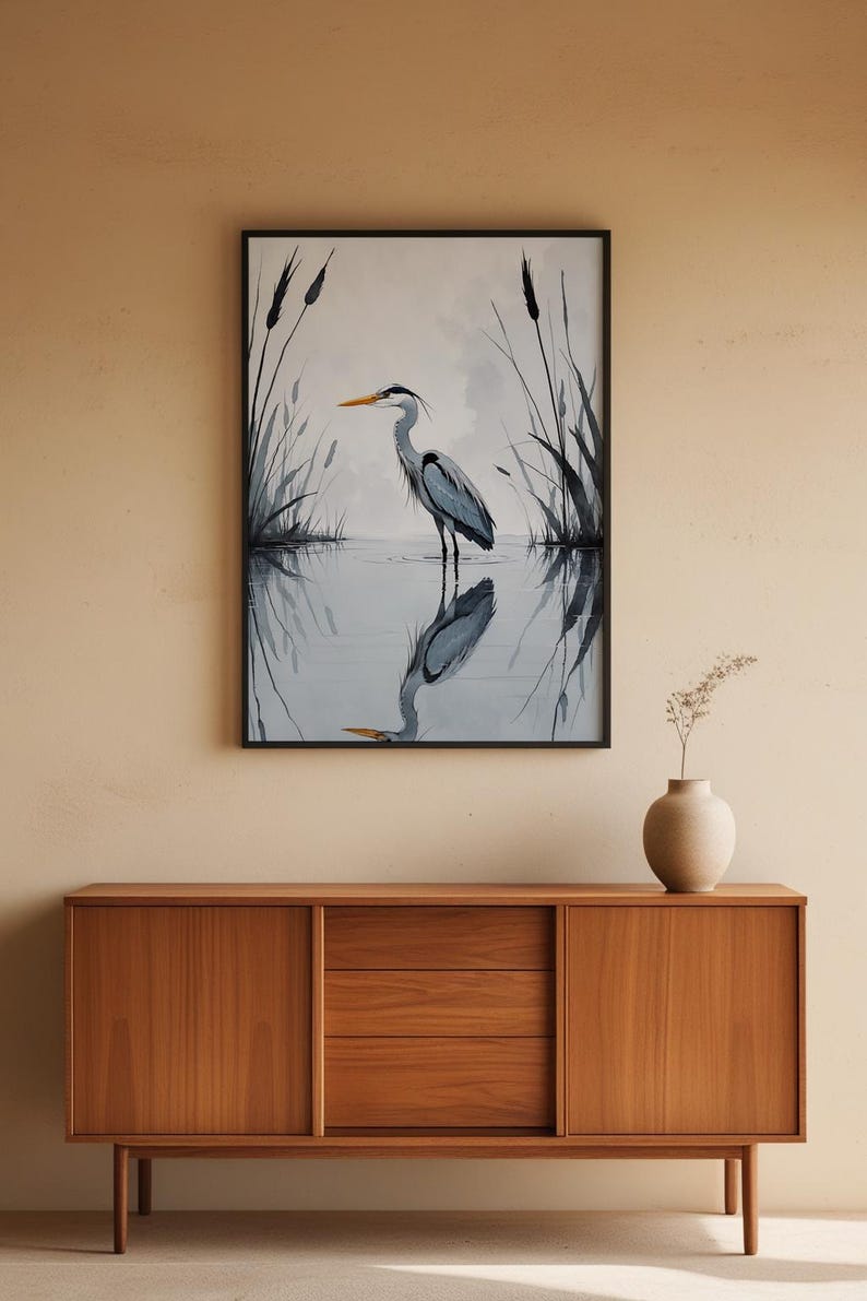 Minimalist Heron | Reflected Water Bird | Zen Nature Art Bild 5