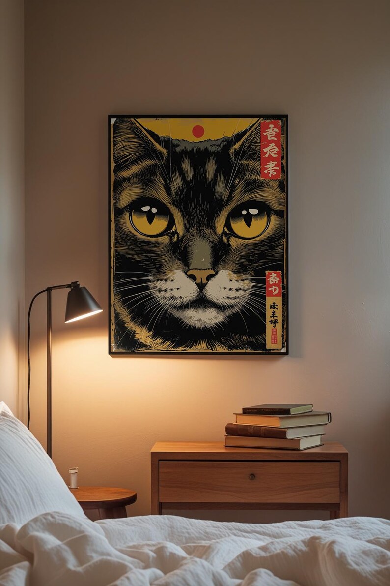 Japanese Cat Poster | Gold Eyes Woodblock Art image 3