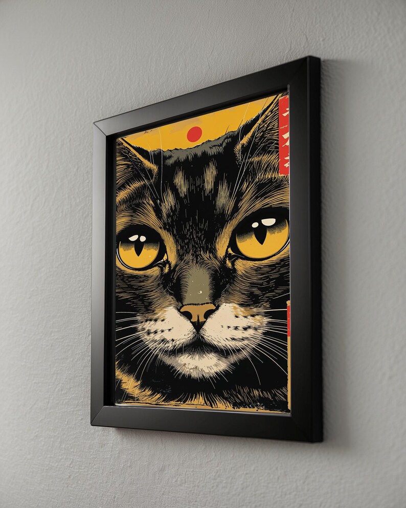 Japanese Cat Poster | Gold Eyes Woodblock Art image 6