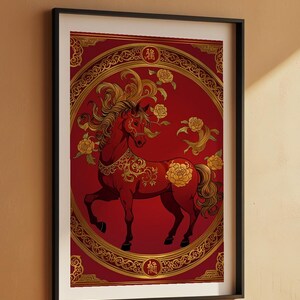 Chinese horse art | Red gold zodiac poster | Asian wall decor Bild 7