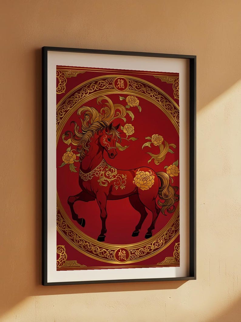 Chinese horse art | Red gold zodiac poster | Asian wall decor Bild 7