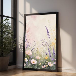 Prado de flores silvestres en tonos pastel / Póster botánico romántico / Arte de acuarela suave imagen 4