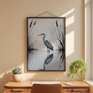 Minimalist Heron | Reflected Water Bird | Zen Nature Art Bild 1