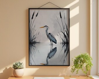 Minimalist Heron | Reflected Water Bird | Zen Nature Art